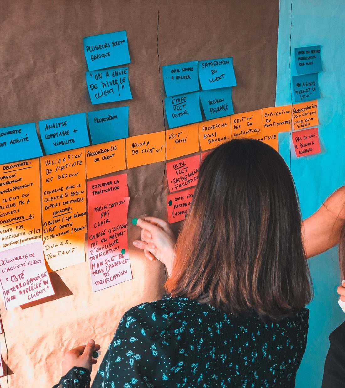 A team member organizing sticky notes on a wall during a workshop
